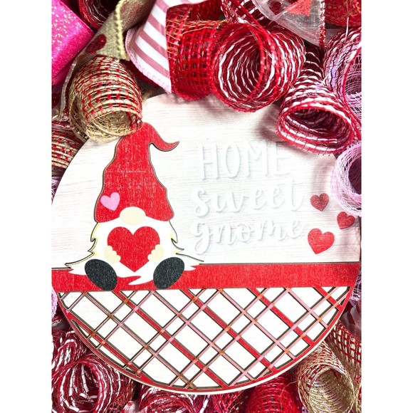 Handmade Valentine’s Home Sweet Gnome Ribbon Prelit Wreath 22 ins LED W19 - Picture 5 of 12